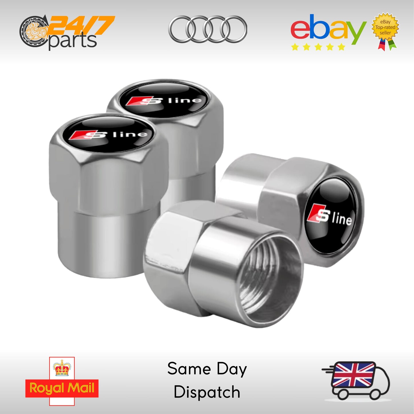 Audi S Line Valve Stem Dust Caps Silver Metal Q2 Q3 Q4 Q5 Q6 Q7 Q8 E-Tron GT