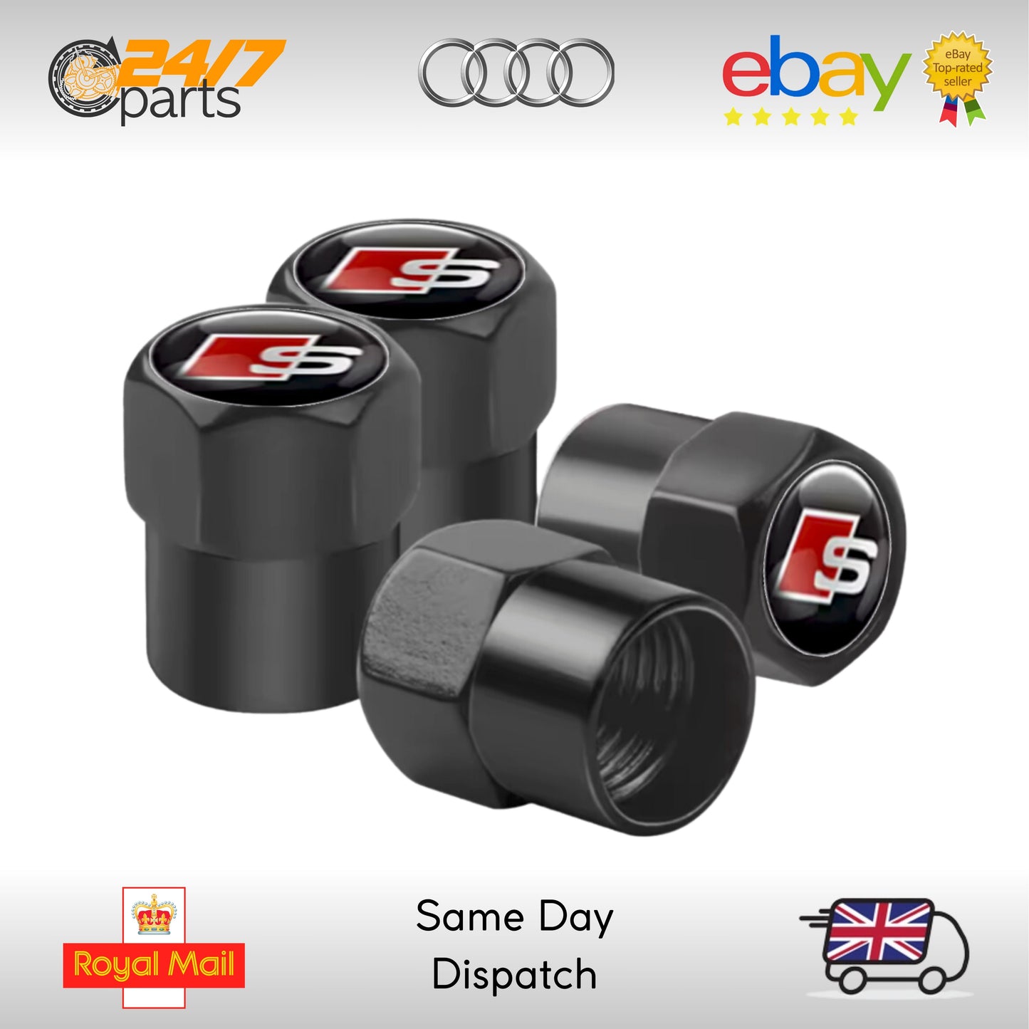 Audi S Valve Stem Dust Caps Black Metal S1 S3 S4 S5 S6 S7 S8 E-tron GT