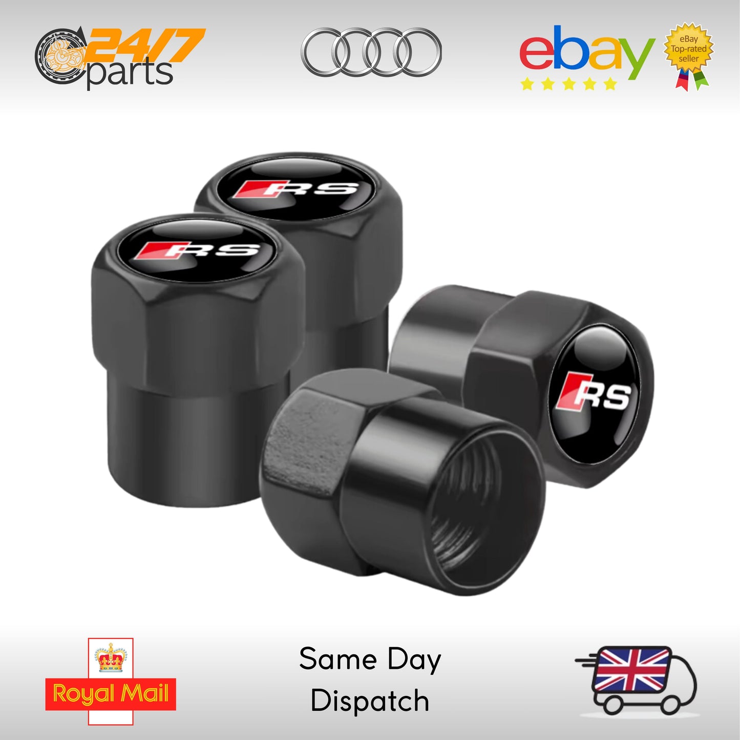 Audi RS Valve Stem Dust Caps Black Metal RS3 RS4 RS5 RS6 RS7