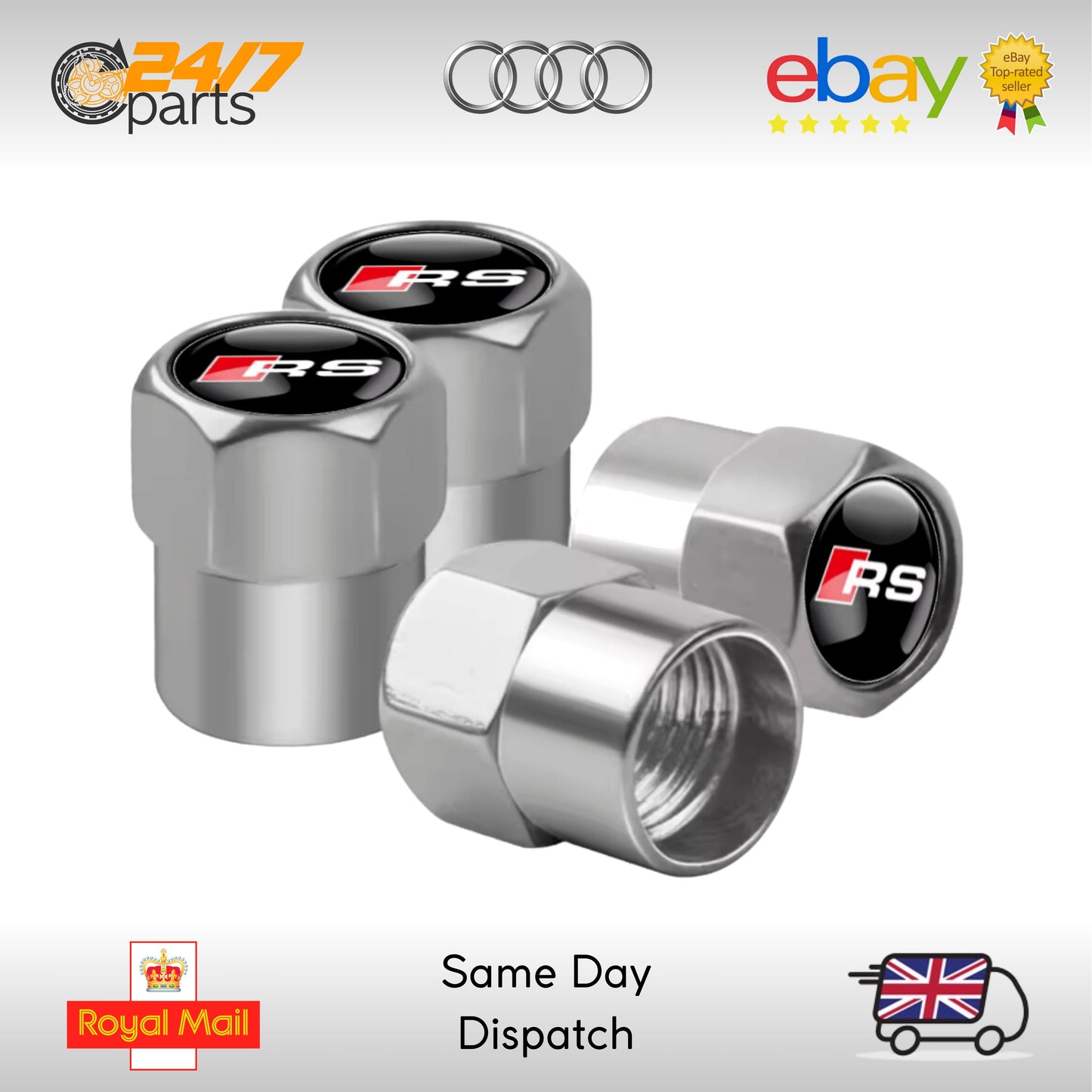 Audi RS Valve Stem Dust Caps Silver Metal RSQ3 RSQ5 RSQ8 E-tron GT