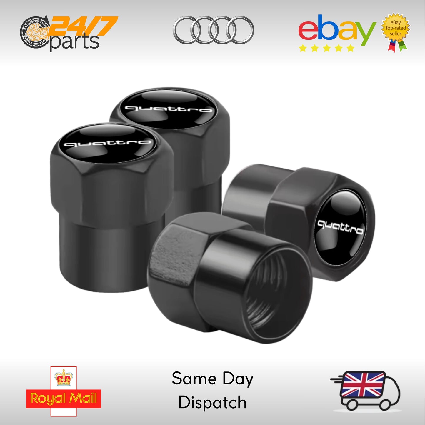 Audi Quattro Valve Stem Dust Caps Black Metal A1 A3 A4 A5 A6 A7 A8 R8