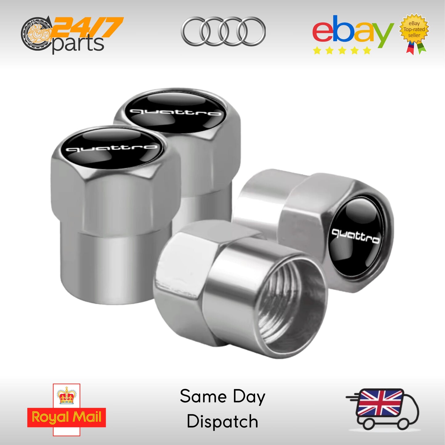 Audi Quattro Valve Stem Dust Caps Silver Metal A1 A3 A4 A5 A6 A7 A8 R8