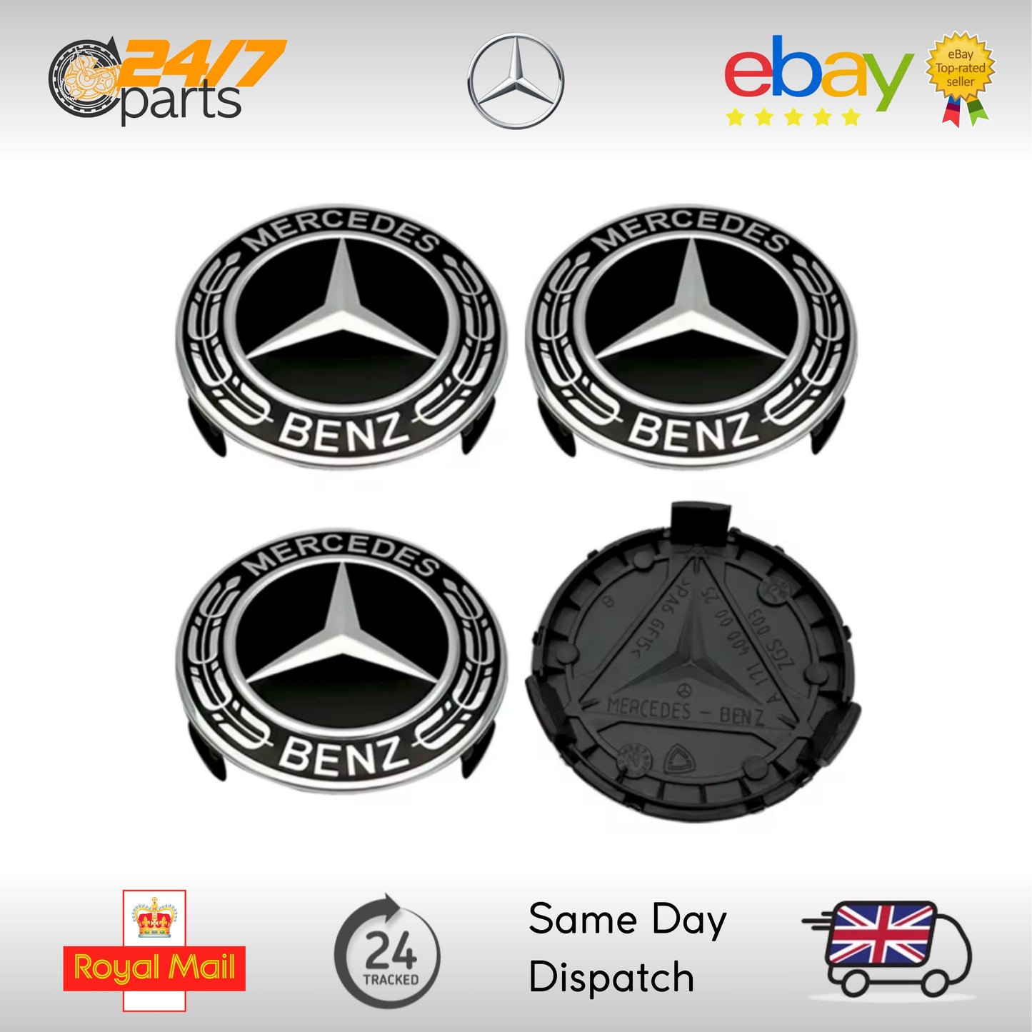 Mercedes Benz Black Alloy Wheel Centre Hub Caps Set 75mm C Class C43 C63 CLA CLE