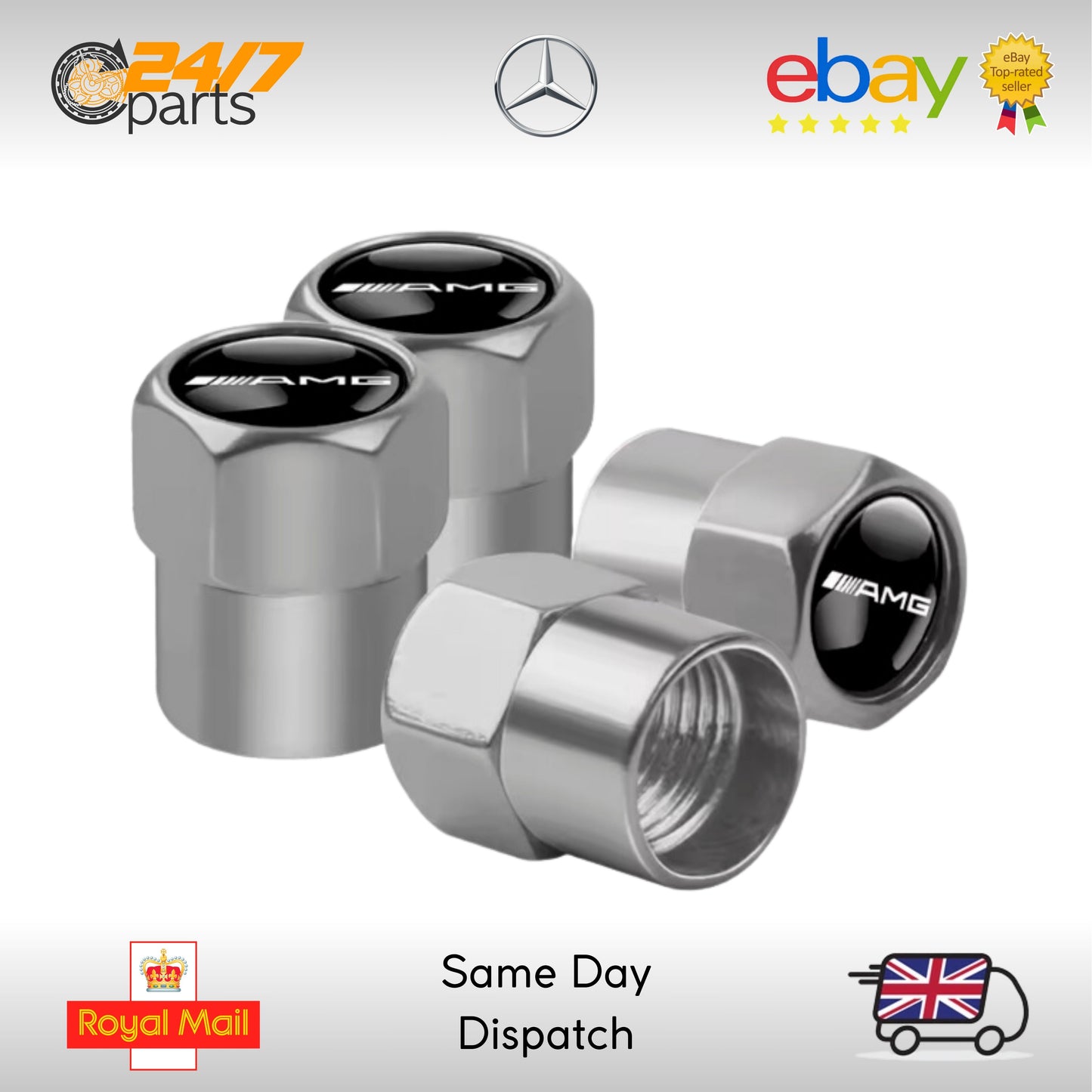 Valve Stem Dust Caps | Silver Metal | fits Mercedes AMG