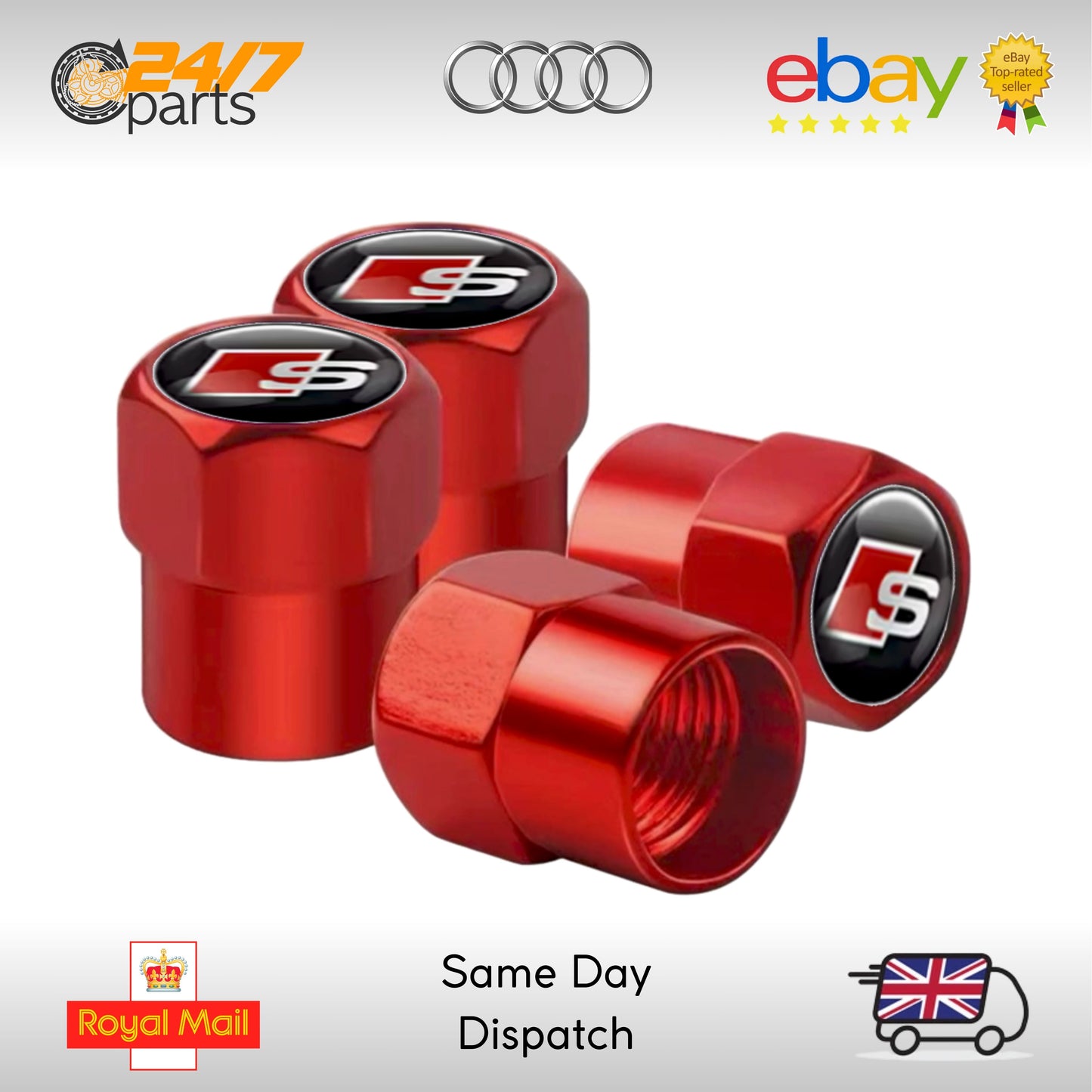 Audi S Valve Stem Dust Caps Red Metal SQ2 SQ3 SQ5 SQ7 SQ8