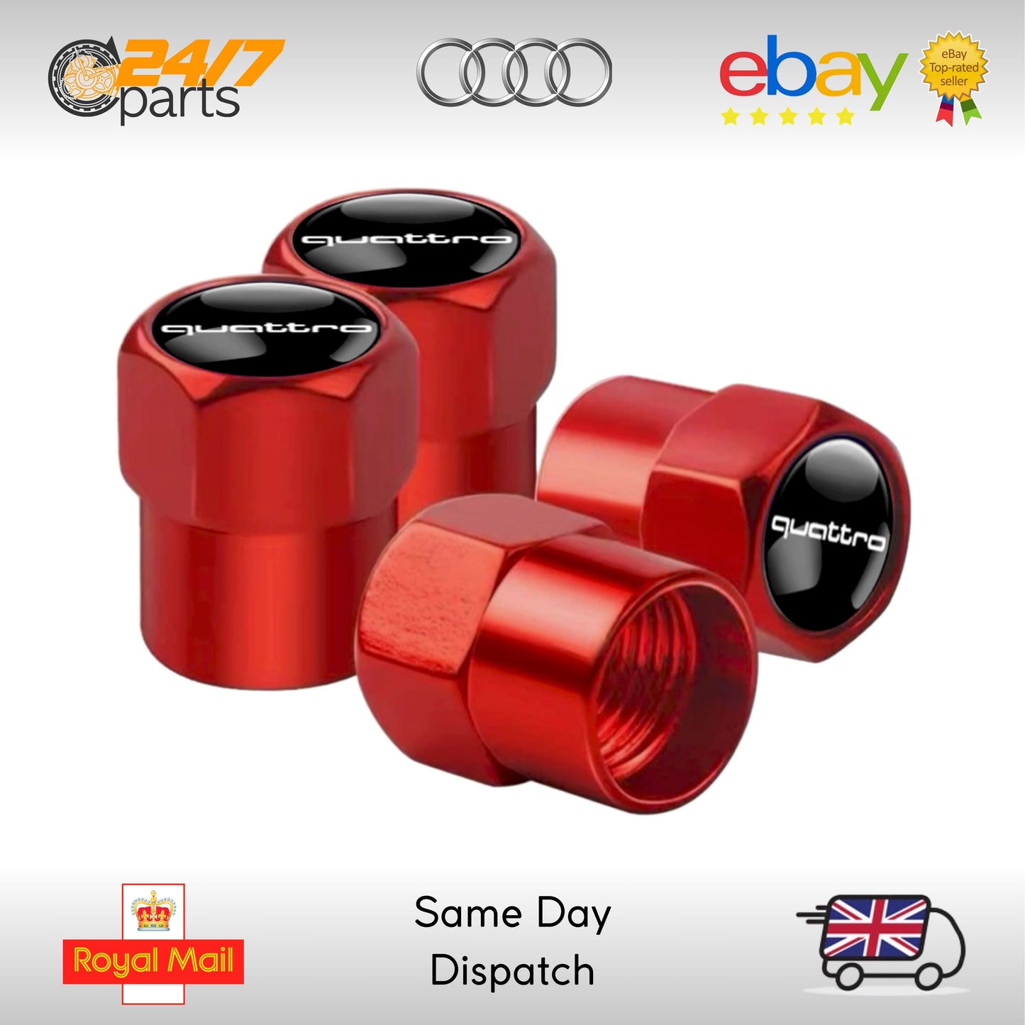 Audi Quattro Valve Stem Dust Caps Red Metal A1 A3 A4 A5 A6 A7 A8 R8