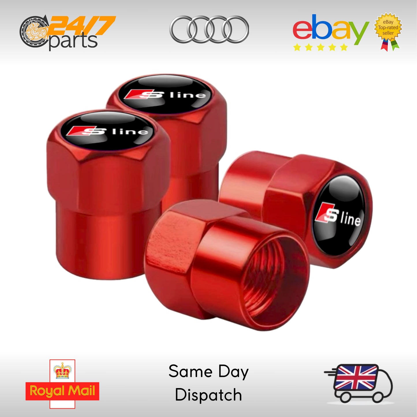 Audi S Line Valve Stem Dust Caps Red Metal Q2 Q3 Q4 Q5 Q6 Q7 Q8 E-Tron GT