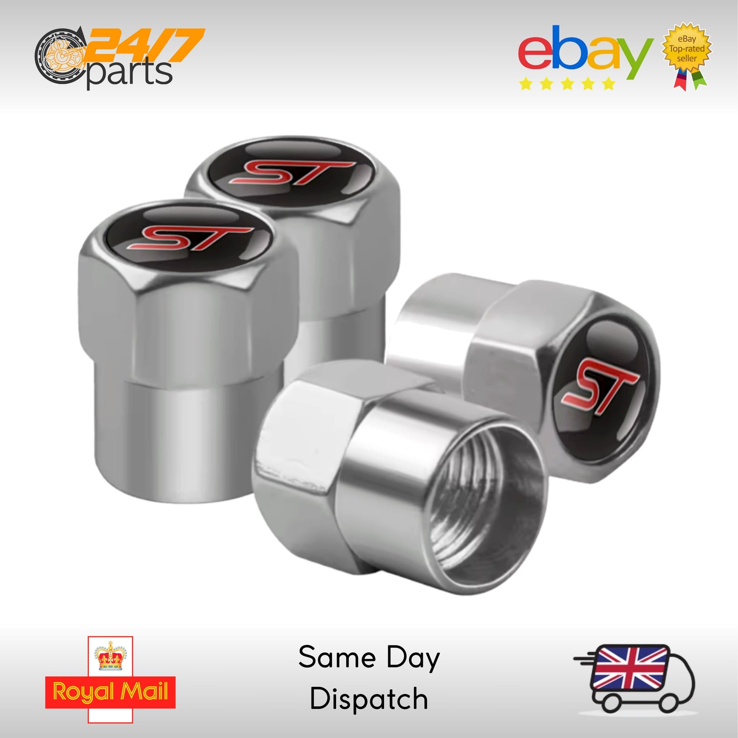 ST Valve Stem Dust Caps Silver Metal for Ford Fiesta Focus Puma Mondeo Kuga