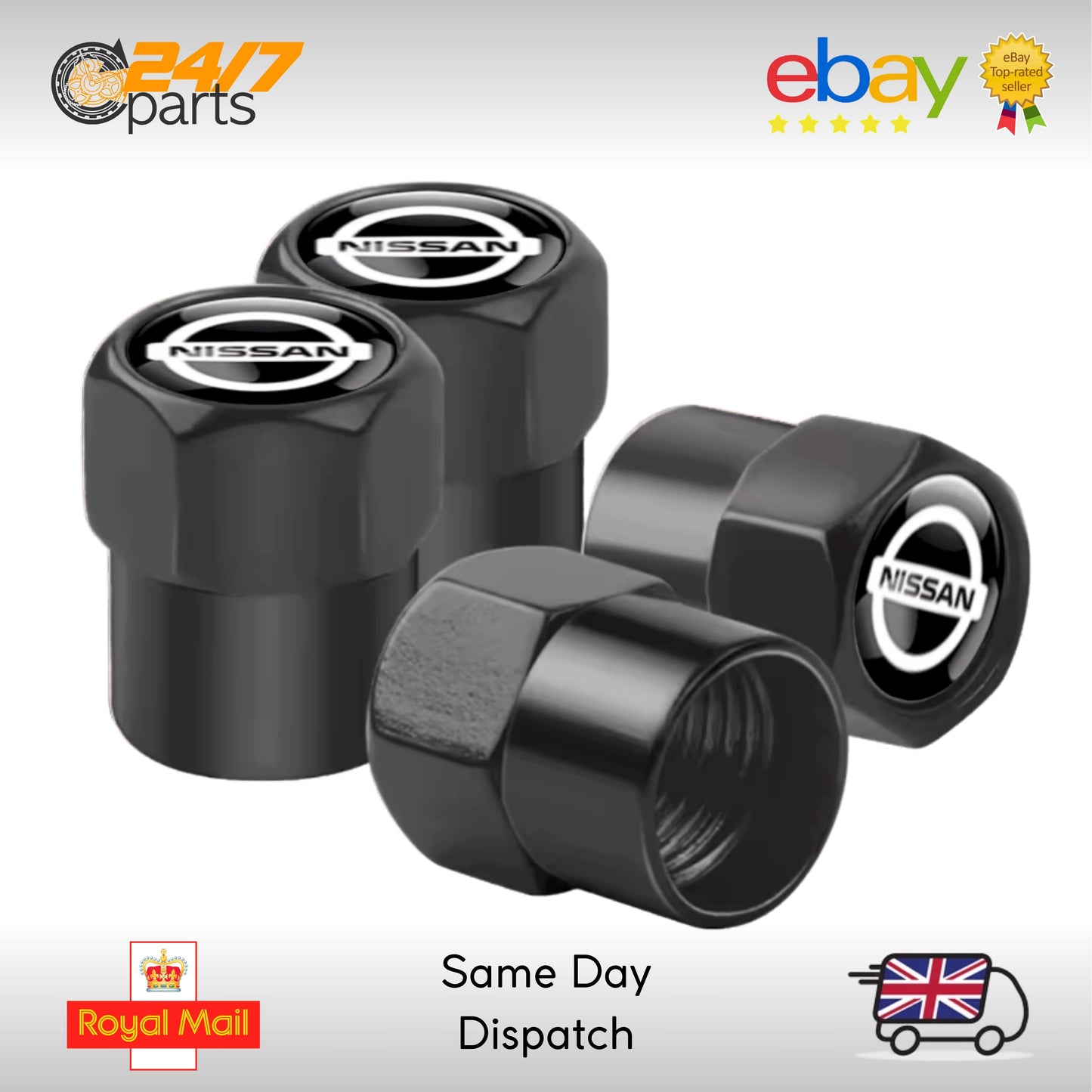 Nissan Valve Stem Dust Caps Black Metal Micra Leaf Juke Qashqai Ariya X-Trail