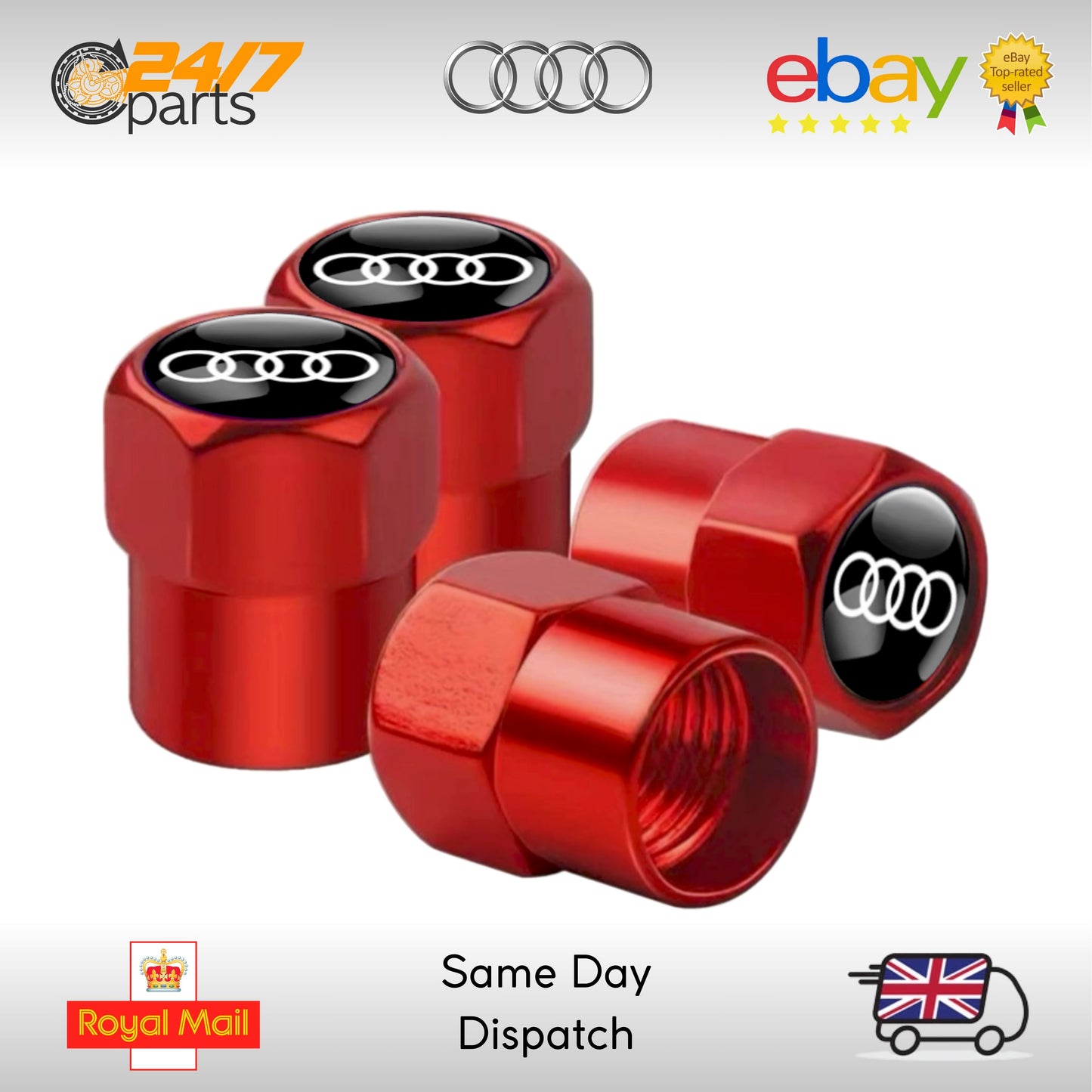 Audi Rings Valve Stem Dust Caps Red Metal A1 A2 A3 A4 A5 A6 A7 A8 R8