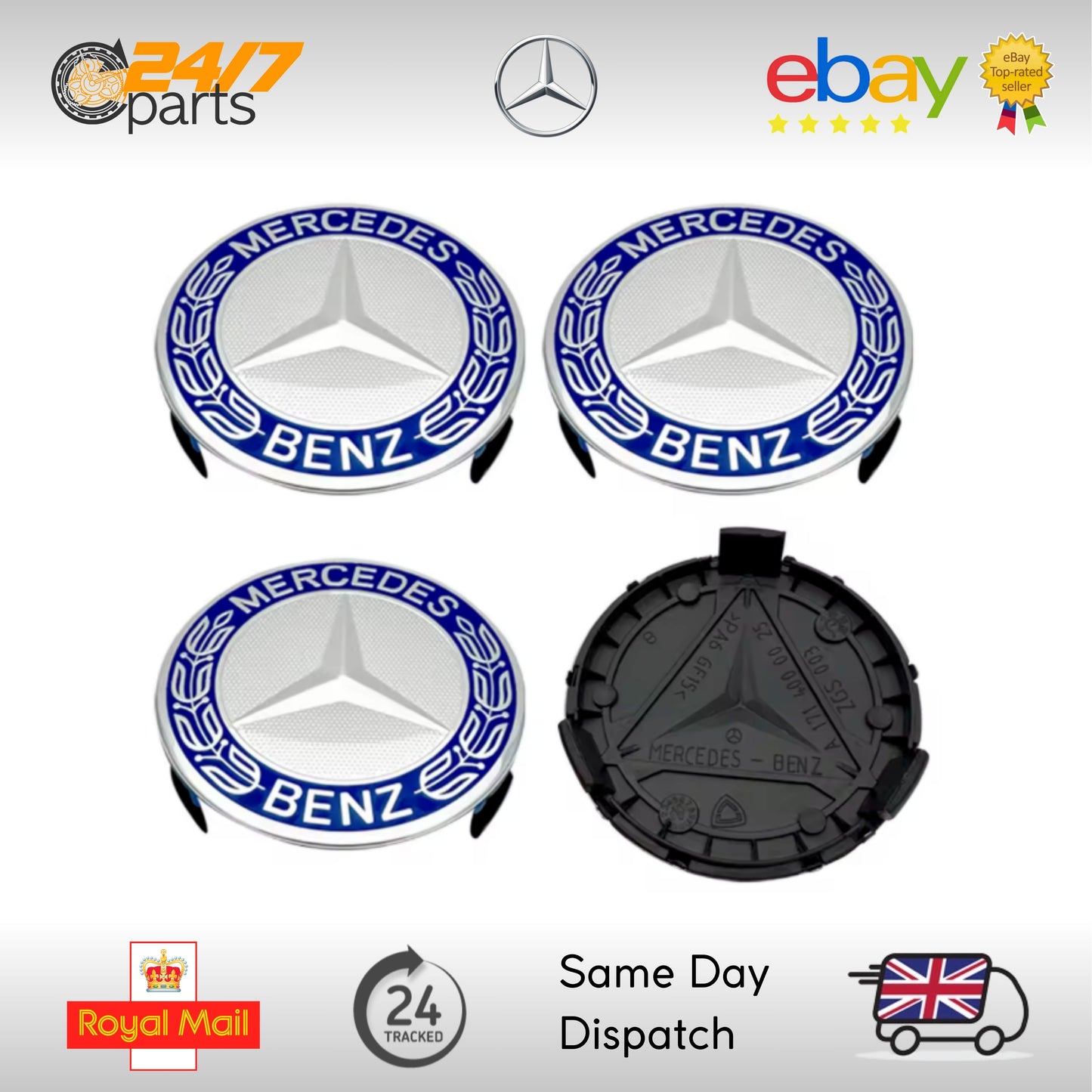 Mercedes Benz Blue Alloy Wheel Centre Hub Caps Set 75mm M Class ML S SL SLK AMG