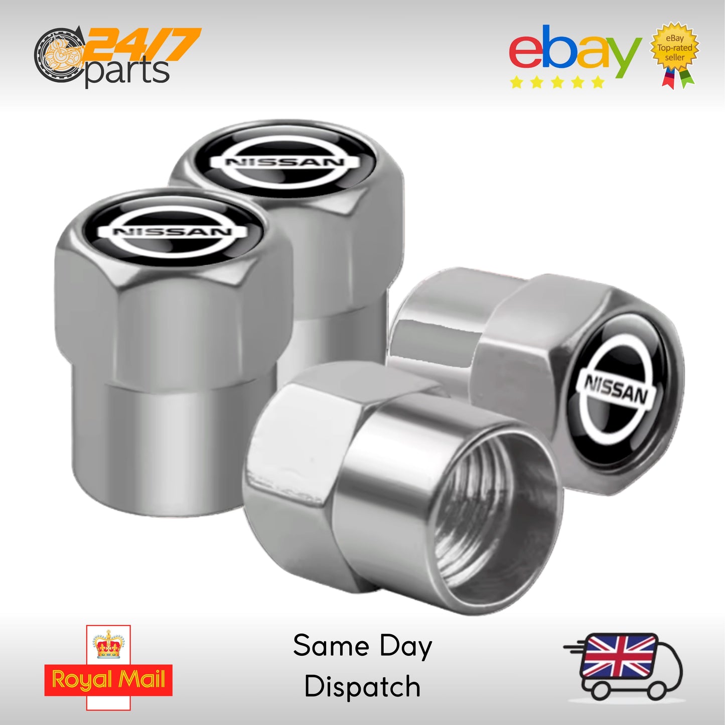 Valve Stem Dust Caps | Silver Metal | fits Nissan Micra Leaf Juke Qashqai Ariya